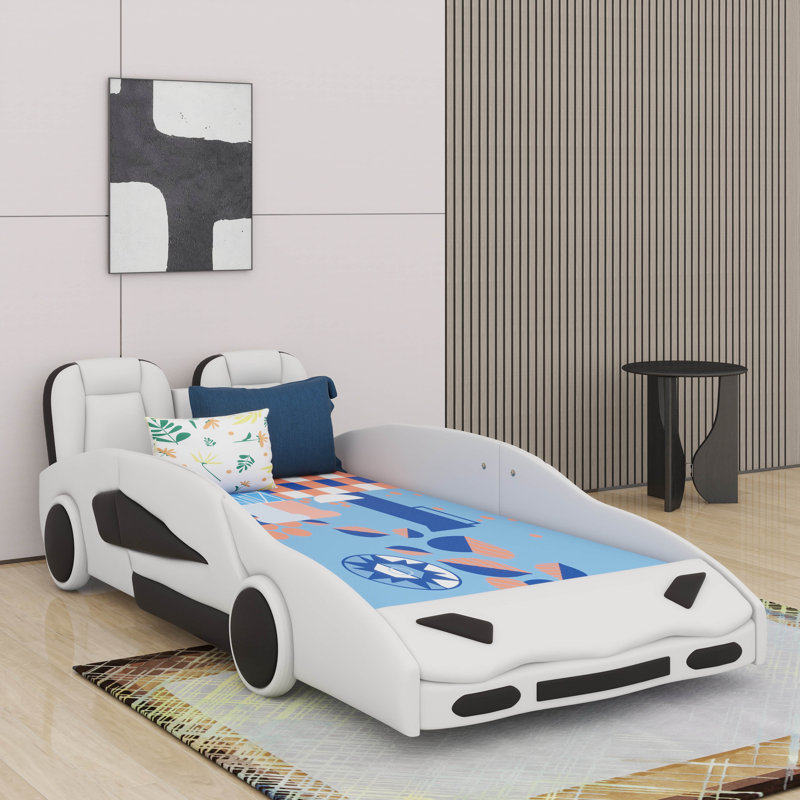 Lit plateforme simple en forme de voiture avec roulettes, Blanc