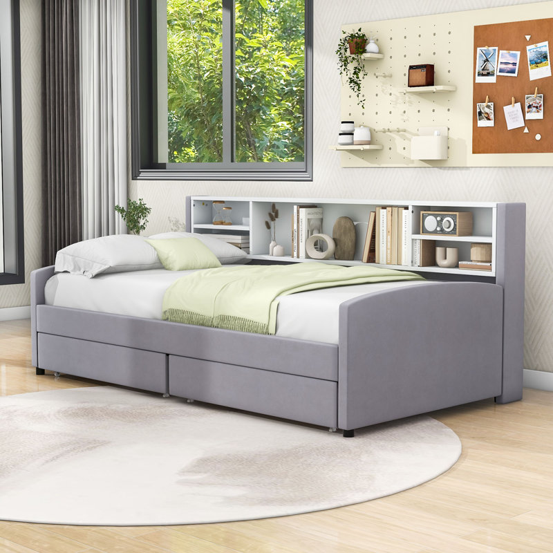 Twin Upholstered Daybed with Shelves and 2 Drawers, Gray