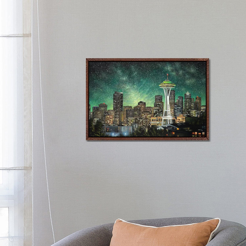 Green Seattle by ColorByFeliks - Print on Canvas, Classic Brown Wood Framed, 66.04 cm H x 45.72 cm W