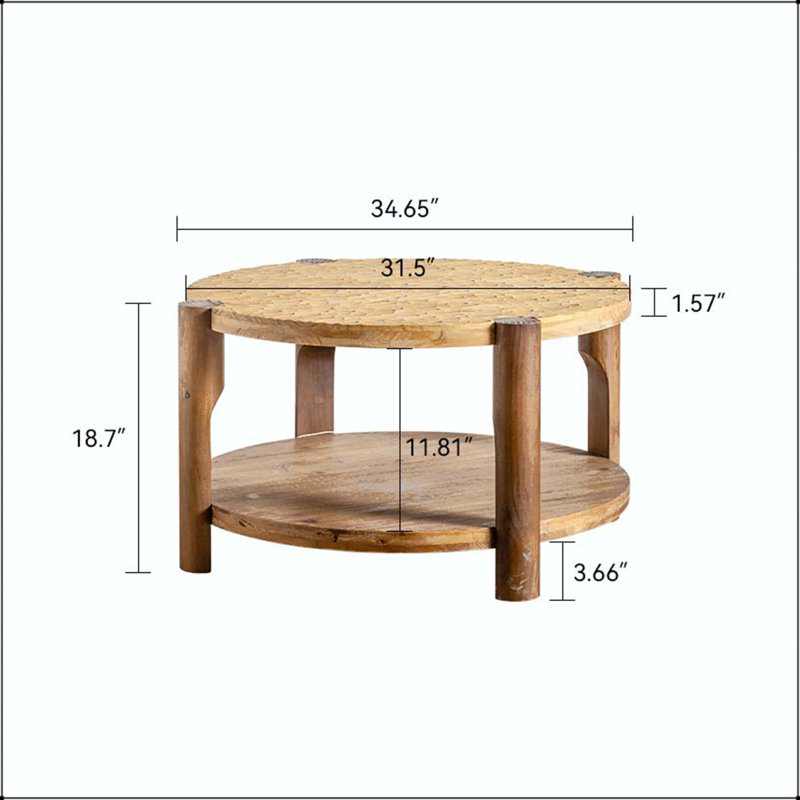 Table basse ronde avec rangement à 2 niveaux et pieds en bois massif