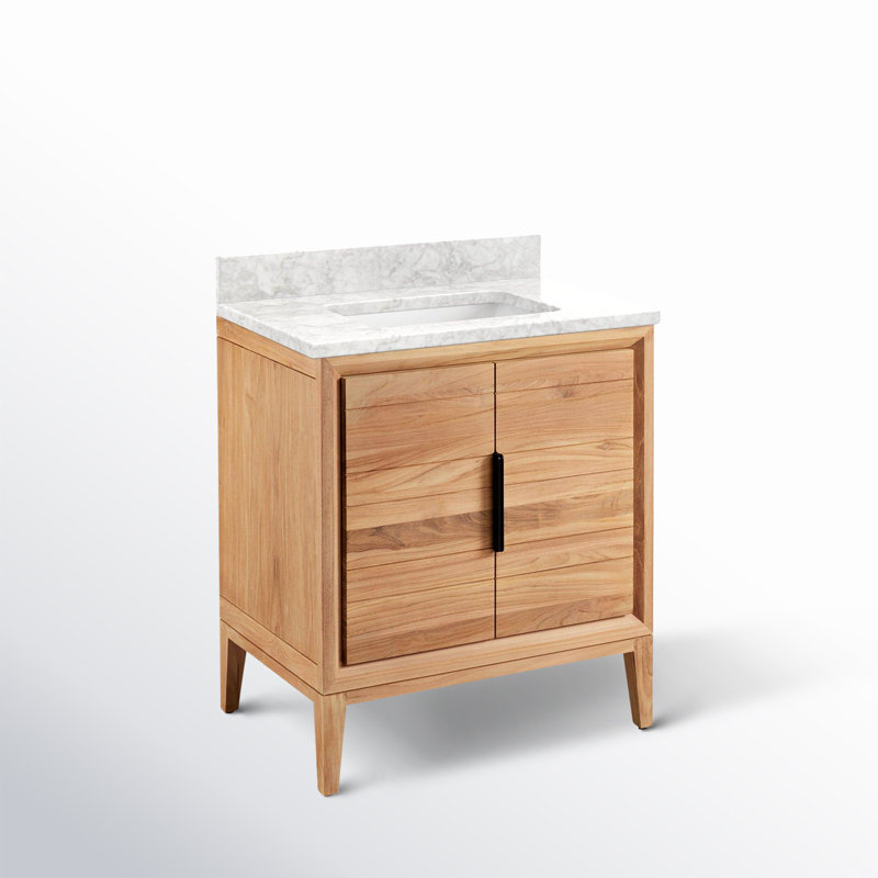 30" Aliso Single Bathroom Vanity Set with Rectangular Undermount Sink, Carrara Marble, No Faucet Hole, Natural Teak