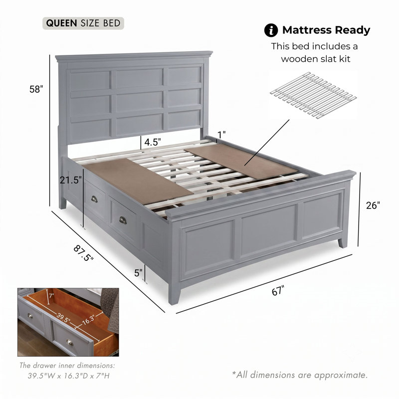 Genesha Bedroom Set, Gray, Queen, 6 Pcs: Bed, 2 Nightstands, Dresser, Mirror, Chest