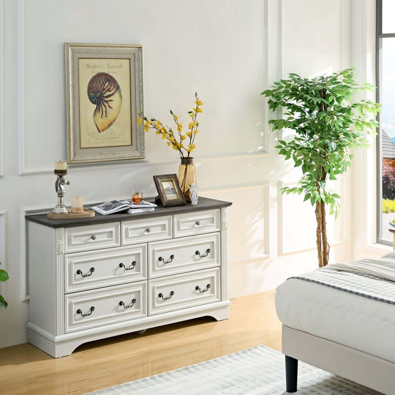 Antique Farmhouse 7-drawer Dresser – Bedroom Storage Chest, White/Brown