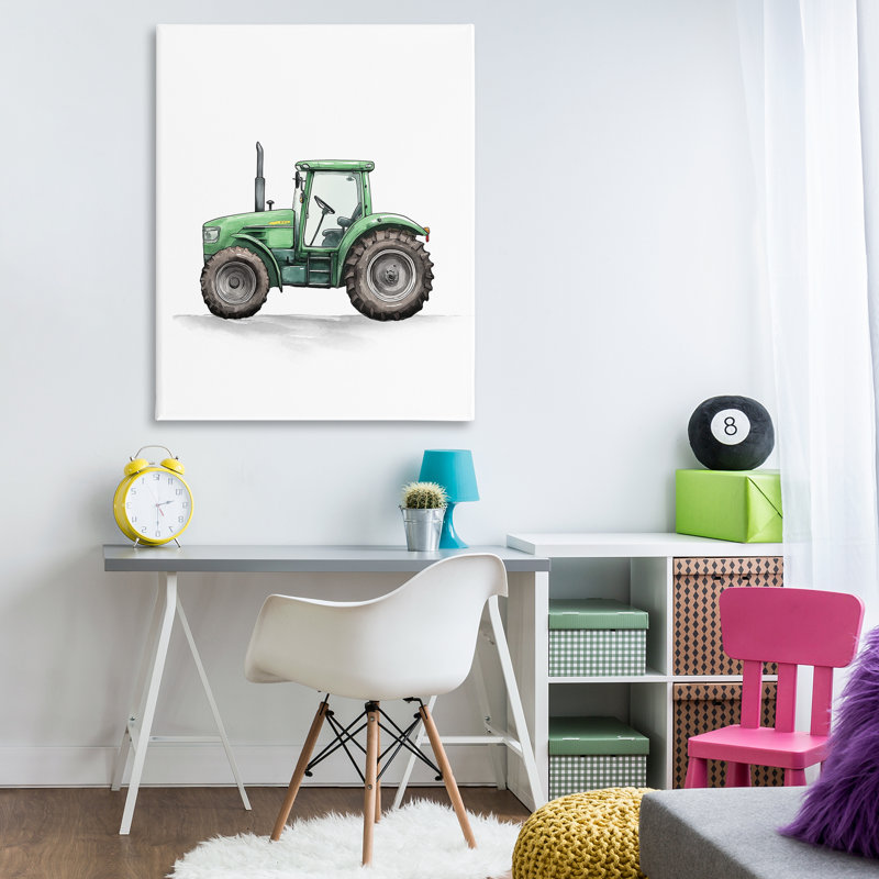 Camion de travail, tracteur vert, conception par Christine Simpson Art, H 48 po x l 36 po