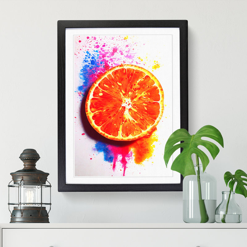 Sliced Orange Fruit Splatter - Single Picture Frame Print, 46cm H x 34cm W x 2cm D, Oak