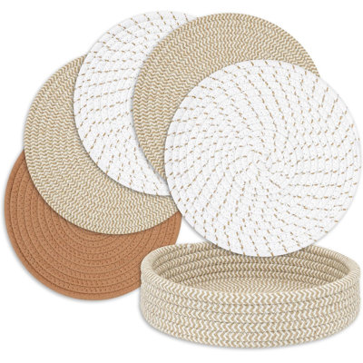 Large Trivets for Hot Dishes, Pots and Pans, Hot Pads with Storage Basket, Pot Holders Heat Resistant Mats, Farmhouse Home Essentials Kitchen Decor 9 Inch (Mix Brown 5 Pcs)