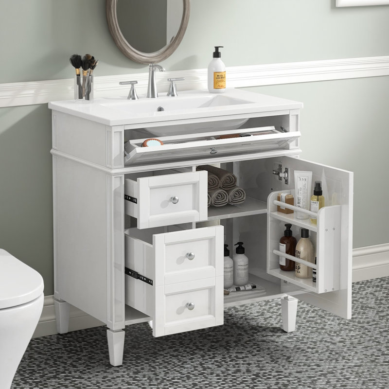 Meuble-lavabo moderne de 30 po avec lavabo simple, lavabo à fixation supérieure et armoire de rangement avec 2 tiroirs et 1 tiroir coulissant.