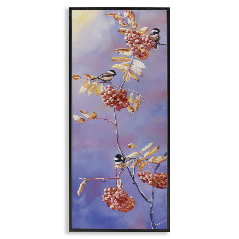Chickadees & Mountain Ash Gray, art giclée par Andrew Kiss, H 30 po x l 13 po, Giclée encadrée noir minuit