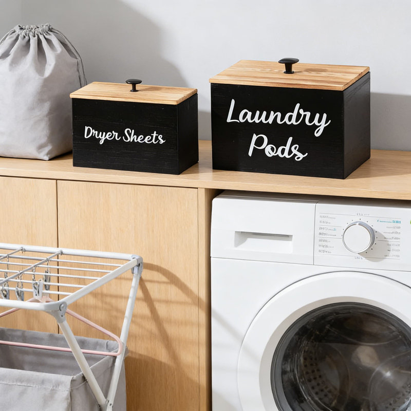 Ensemble de support à linge en bois pour dosette et sécheuse - Contenant de rangement rustique avec couvercle pour l'organisation de la salle de lavage