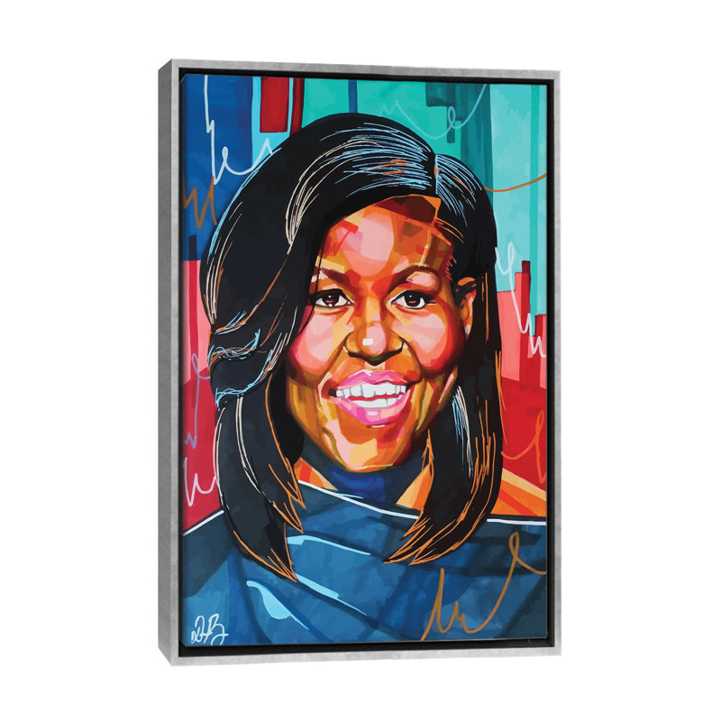 Michelle Obama - impression d'art graphique, Pas de tapis, Toile avec cadre argenté, H 26 po x l 40 po x 1,5 po