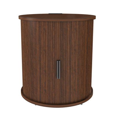 2-Tier End Table With Charging Station - Mid-Century Modern Cylinder Nightstand With USB Ports & Sliding Door For Living Room