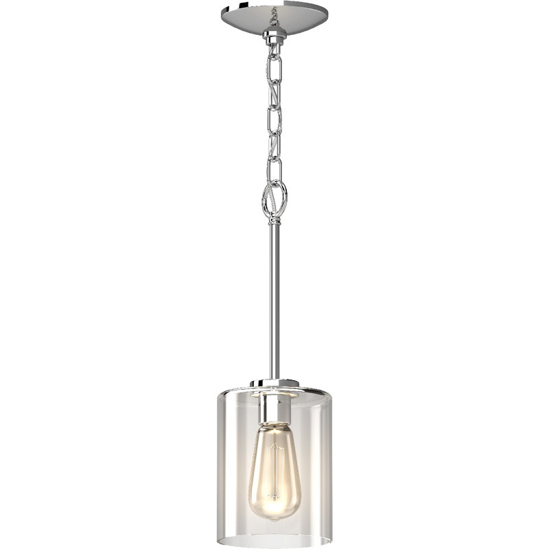 Luminaire suspendu cylindrique 1 lumière avec abat-jour en verre transparent, Chrome