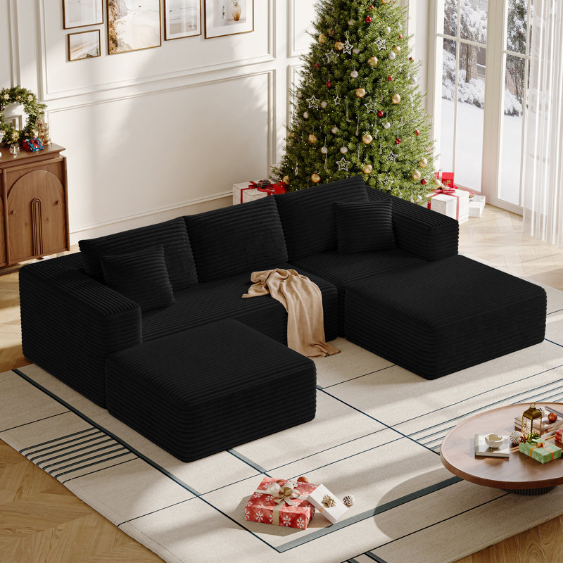 Boneless 108” U Shaped Boneless Sectional Cloud Sofa Couches For Living Room, Upholstered Deep Seat Sectional Sofa With 2 Ottoman, Comfort Modular Sectional Sofa Couches For Living Room Bedroom(Black)
