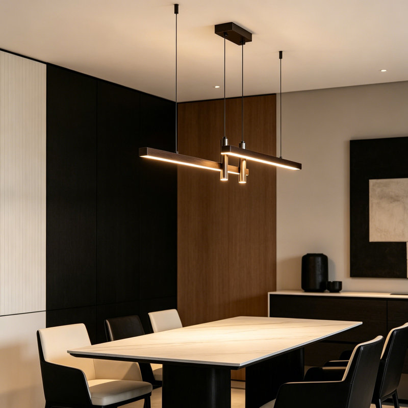 Lustre moderne à DEL linéaire noir, plafonnier minimaliste à intensité variable avec télécommande pour îlot de cuisine, salle à manger et table de billard