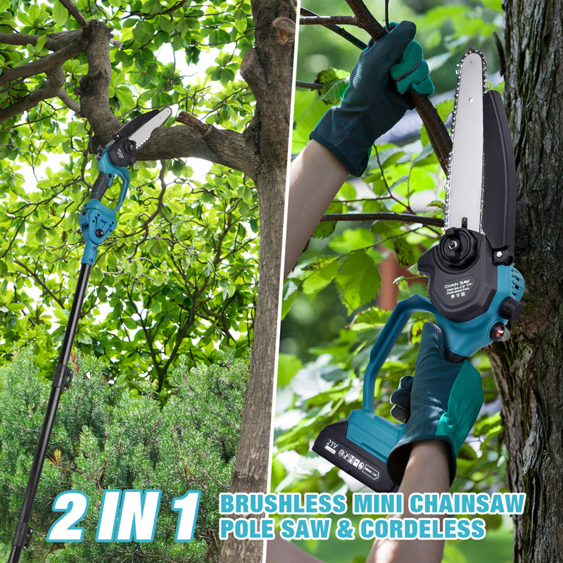 2-in-1 Electric Pole Saw, 6” & 8” Mini Chainsaw Cordless With Extension Pole & 2 X 21v Batteries, Tree Trimmer Tool For Branch Cutting & Pruning, Home & Garden & Diy