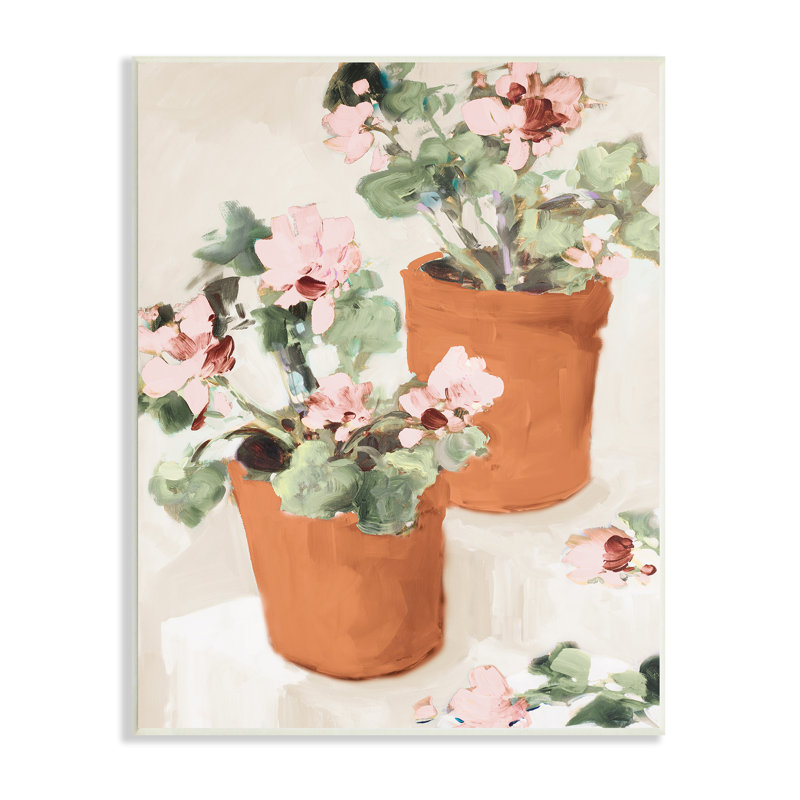 Fleurs abstraites en pot, nature morte, escalier neutre par Jane Slivka, Bois, H 15 po x l 10 po x P 0,5 po