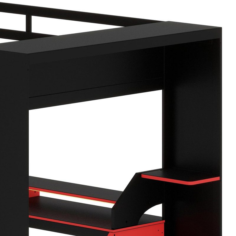 High-Profile Sleeping Platform Featuring Built-in Outlets, Smart Cable Organization, and Dynamic LED Effects, Red