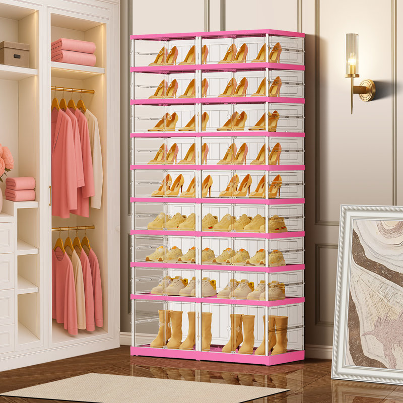 9-Tier 18-36 Pairs Plastic Stackable Shoe Storage Cabinet For Entryway Easy Assembly, White/Pink