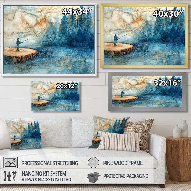 Gerrie, glissade sur bois, pêche dans la rivière d'hiver - Chasse et pêche, art mural, 24" H x 32" W, White