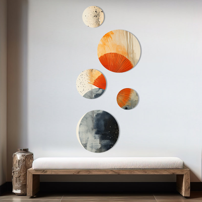 Éclipse solaire noire et orange - ensemble abstrait d'art mural rond de 5