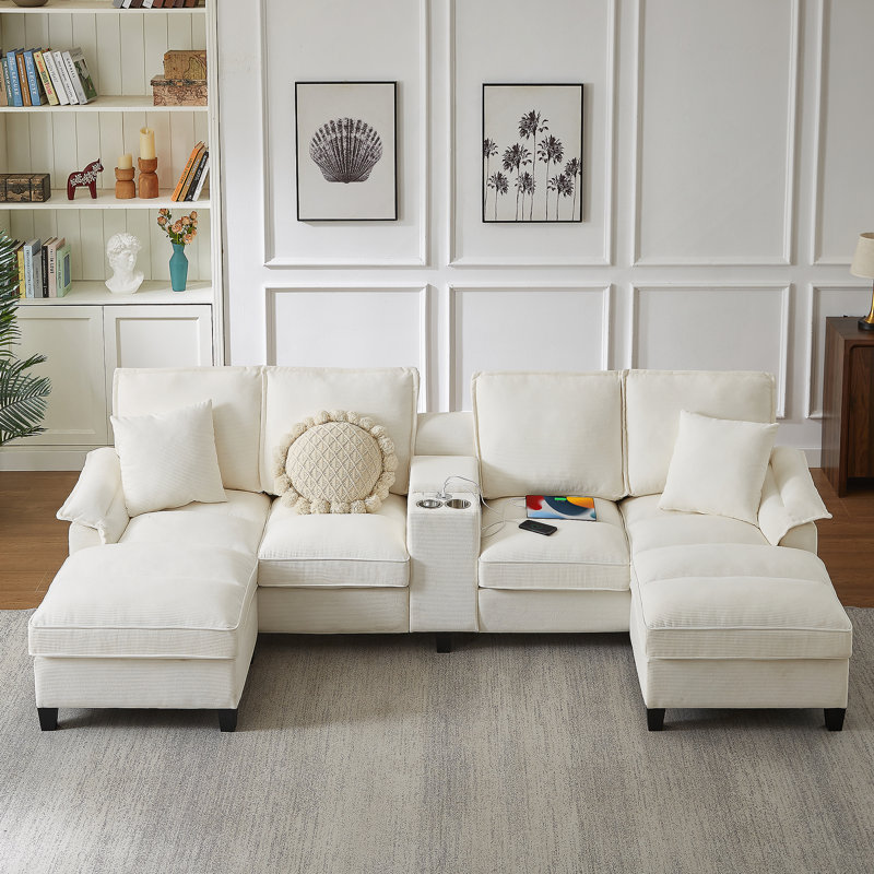 Modular Corduroy Sectional Sofa Bed With Storage And Convenient Features, Ideal For Living Room, Apartment Or Lounge, Beige