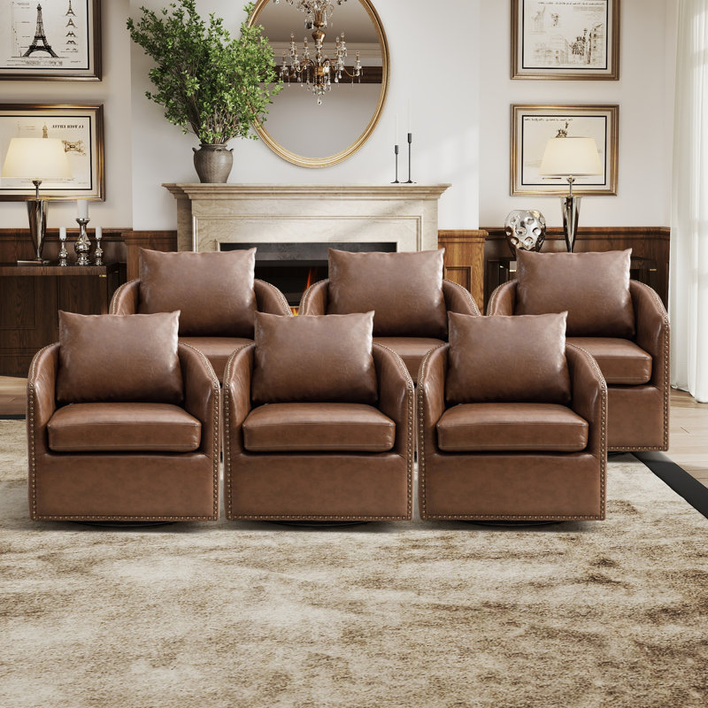 27.6" Wide Modern Soft Upholstered Nailhead Trim Removable Cushion Recessed Arm Barrel Chair With Swivel (Set of 6)