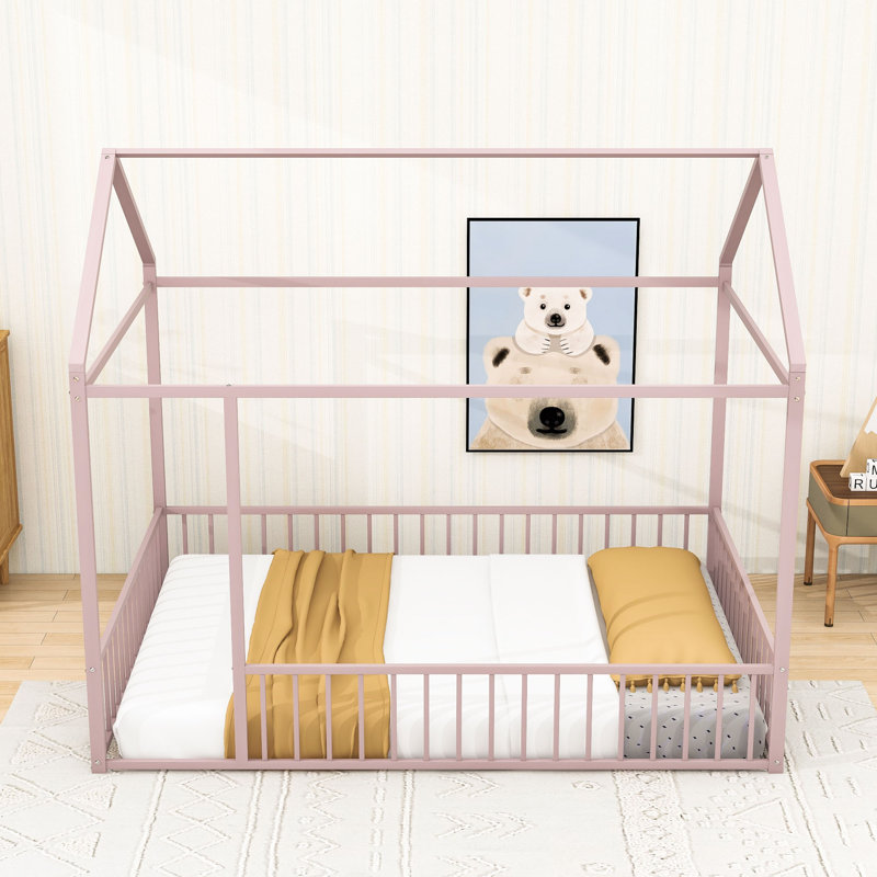 Full-Size Metal House Bed With Playhouse Design And Semi-Enclosed Sleeping Space, Pink