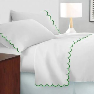 Allena 400TC Cotton Scallop Embroidery Sateen Cotton 4 Piece Sheet Set Fitted Sheet Fits Upto 16" Deep Pocket, Green