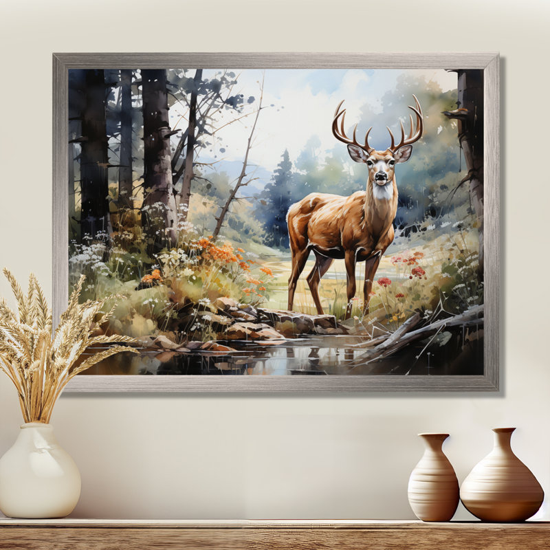 Chevreuil gracieux - art mural de chevreuil pour le salon, Cadre naturel flottant, H 30 po x l 40 po x P 1,5 po