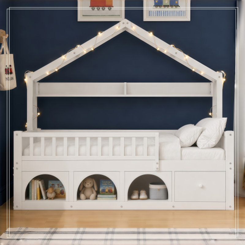 Cadre simple Giunta avec toit, lumière DEL, barrières de sécurité, tiroirs de rangement et casier, White