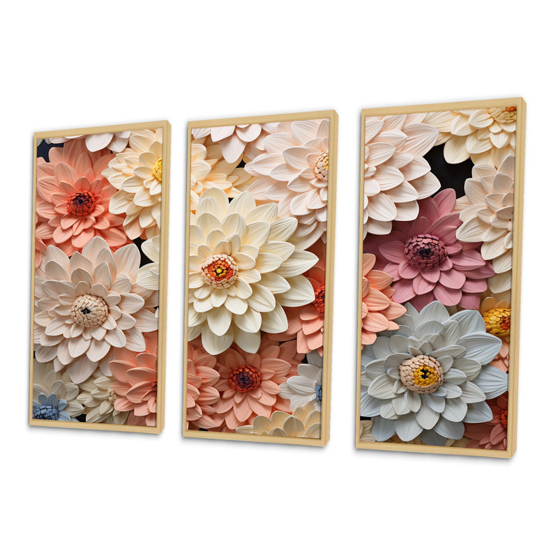 Sunlit Blooms Zinnias Flowers - Zinnias, ensemble d'art sur toile, Cadre naturel flottant, H 40 po x l 60 po x P 1 po