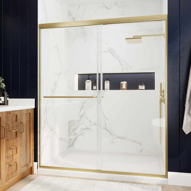 Porte de douche coulissante double à cadre 60 po x l 70 po avec verre trempé transparent de 1/4 po (6 mm), Or brossé