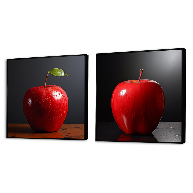 Minimalisme, pomme rouge, ensemble de 2 collages de fruits, Cadre flottant noir, H 16 po x l 33 po