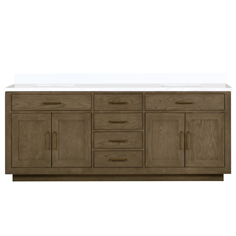 Meuble-lavabo double en chêne gris 84 po L 22 po P avec surface en quartz blanc - structure en bois massif, caractéristiques de fermeture en douceur, rangement de salle de bain entièrement assemblé avec dessus en bois de 84 po et 22 po, unité