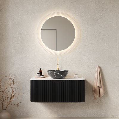 36" Bathroom Vanity&Sink, Floating Curved Edges Striped Bathroom Storage Cabinet With Drawer, Black Bowl Ceramic Basin With Stone Pattern&Carrara White Sintered Stone Top, Pre-Assembled