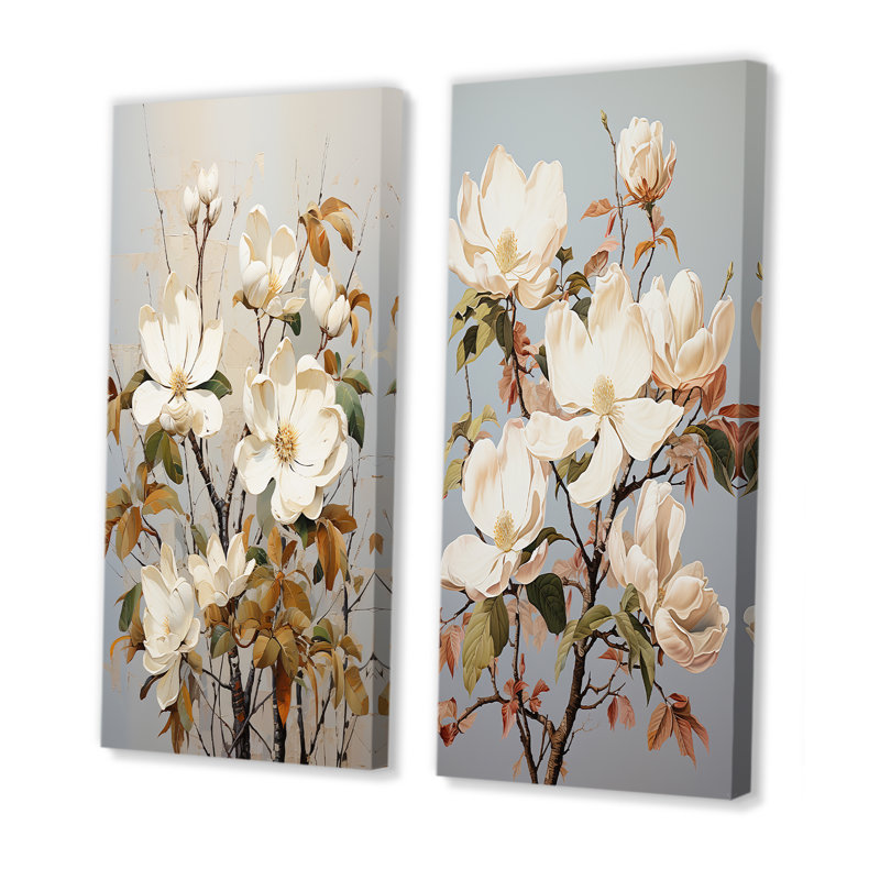 «Gentle Magnolia Beige Melody», ensemble d'art mural sur toile Magnolias, Toile tendue, H 28 po x l 25 po