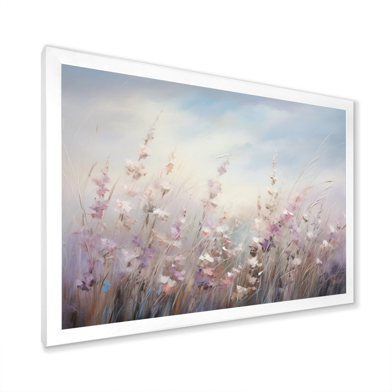 Fleurs murales mauves Whispering Breeze II - art mural fleurs sauvages pour le salon, Cadre blanc