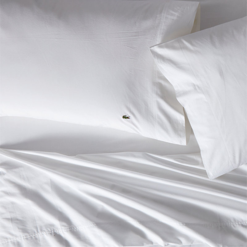 Ensemble de draps en percale de coton Lacose Center Line, léger et respirant avec crocodile brodé, Blanc