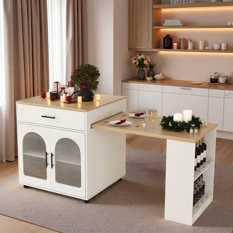 Expandable Kitchen Island With Dining Table, Power Outlet, 2 Drawers, Open Shelves And Movable Wheels, White