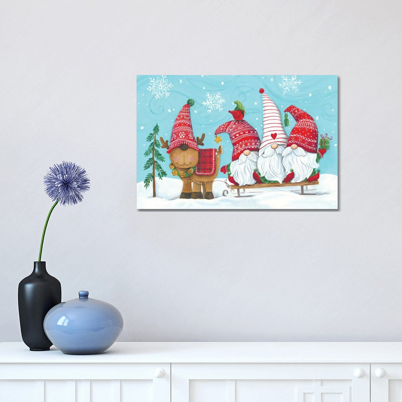 Elf Gnome Trio With Reindeer by Diane Kater - Print on Canvas, Wrapped Canvas, 30.48 cm H x 45.72 cm W