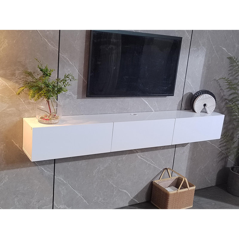 Meuble télé 47 po flottant ultrabrillant avec rangement à 3 portes, blanc, H 9,4 po x L 47 po x l 9,4 po