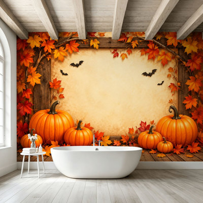 Peel and Stick Wallpaper Wall Mural Autumn Harvest Scene Pumpkins Fall Leaves Wooden Wall Art Self Adhesive and Removable