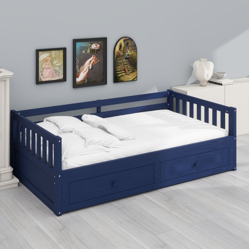 Le lit de jour avec lit gigogne et barrières de sécurité offre un style convertible moderne, Blue