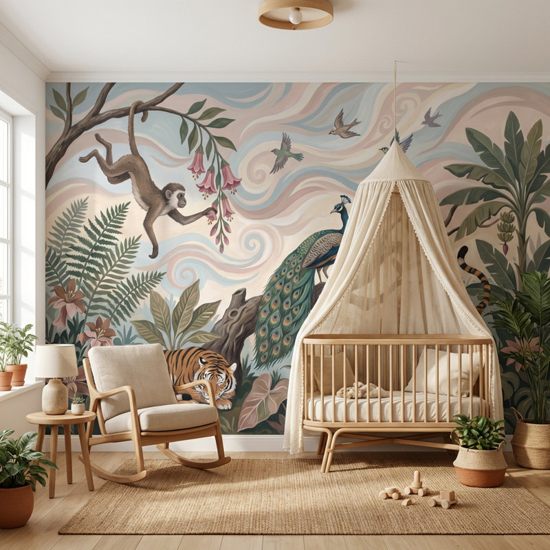 Papier peint jungle animaux exotiques, Non tissé non collé, 140" x 108"