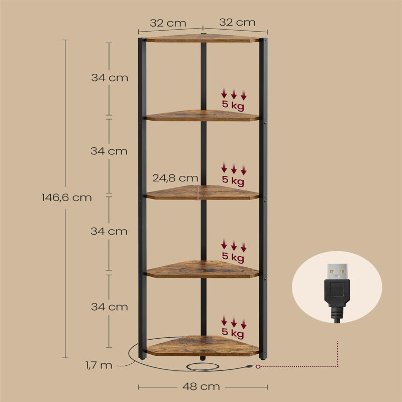 5-Tier Corner Shelf, Bookcase With Adjustable LED Light, Storage Rack With Steel Frame