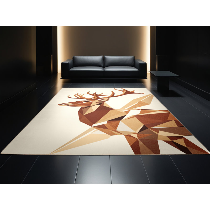 Tapis géométrique beige lavable à la machine Ozgur Deer Stag, 8 x 12