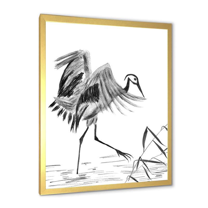 Grue japonaise japonaise, peinture sur toile encadrée, H 32 po x l 24 po x P 1 po, Encadrement doré