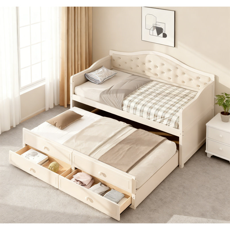 Lit de jour avec 2 tiroirs de rangement et lit gigogne, Beige