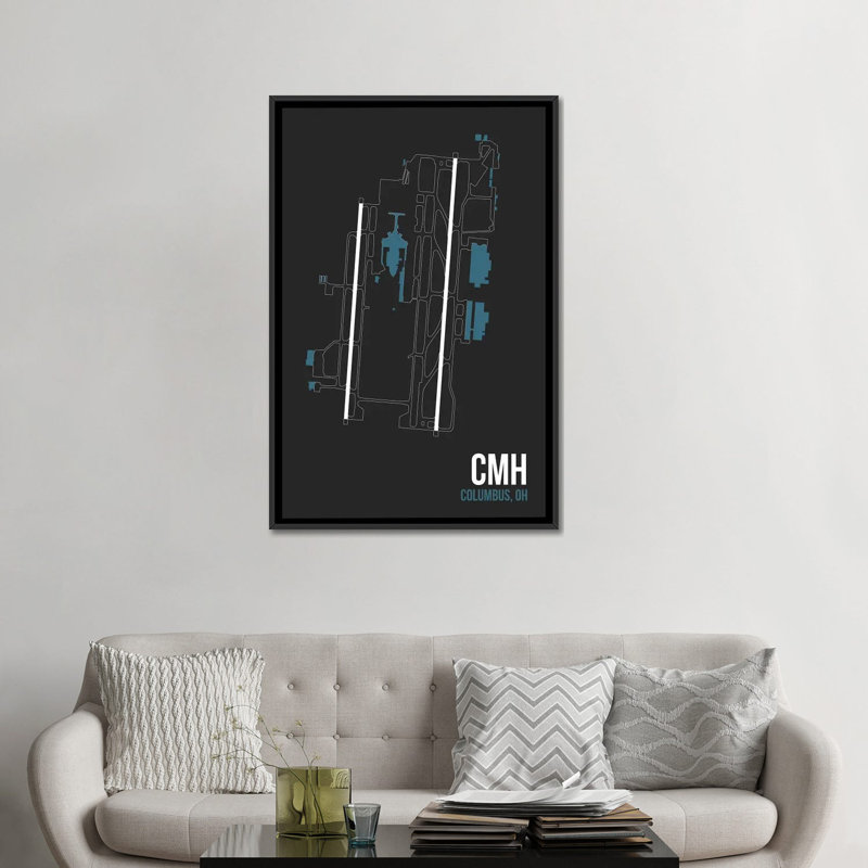 « columbus (john glen) », impression sur toile, "aéroport diagram, H 26 po x l 18 po x P 1,5 po, Toile avec cadre noir
