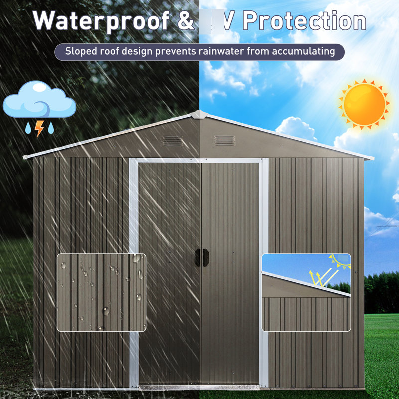 Grey 8Ft X 10Ft Metal Storage Shed With Base - Galvanized Steel Construction, Window, Punched Vents, Sliding Doors Lock Easy To Install Outdoor Ventilation, Door And Padlock Assembly Experience Window